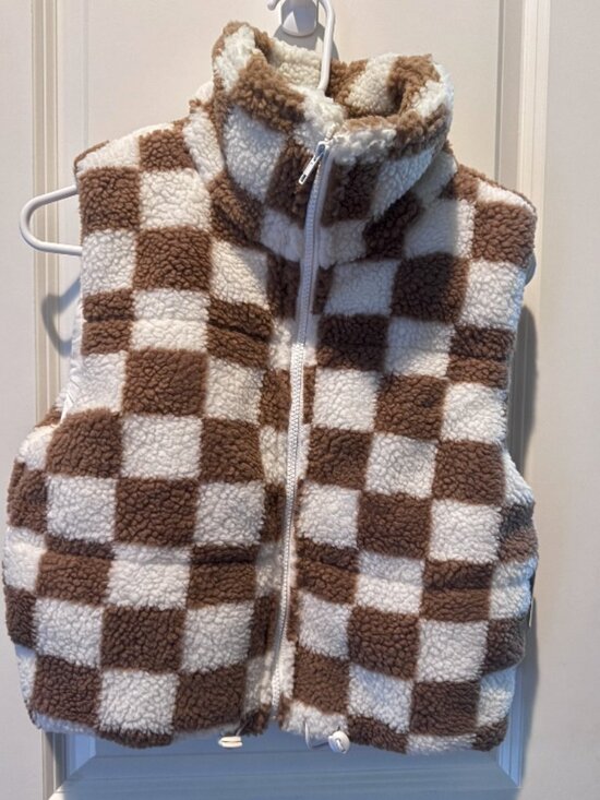 Altar'd State Jackets & Blazers - Brown Cream Checkerboard Sherpa Fleece Vest Cozy Après Ski AS